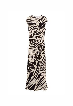 Maxi dress featuring a beige and black zebra print. Short sleeves, round neckline, and a side slit in a smooth fabric for a flowing silhouette.
