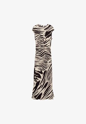 Maxi dress featuring a beige and black zebra print. Short sleeves, round neckline, and a side slit in a smooth fabric for a flowing silhouette.