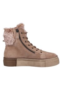 Beige High-Top Sneaker-Boot mit dicker Sohle, seitlichem Reißverschluss, Schnürung vorne und Kunstfellbesatz am Knöchel.