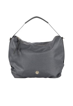 Borsa a spalla sintetica grigia con un motivo testurizzato, una tracolla removibile e un accento del logo dorato sul fronte. Chiusura con zip nella parte superiore.