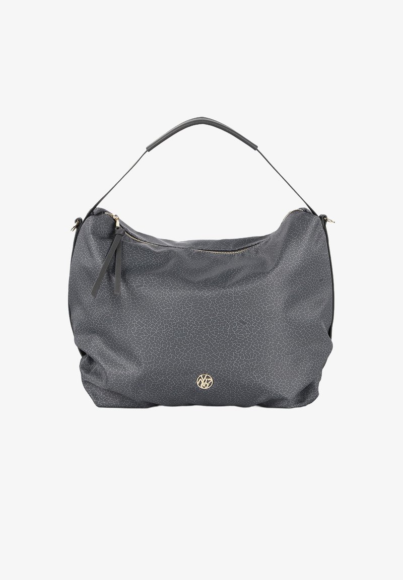 Borsa a spalla sintetica grigia con un motivo testurizzato, una tracolla removibile e un accento del logo dorato sul fronte. Chiusura con zip nella parte superiore.