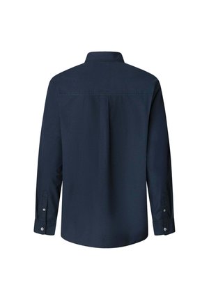 Camisa de manga larga azul marino hecha de tejido suave, con cuello, puños abotonados y un detalle de pliegue en la parte posterior.