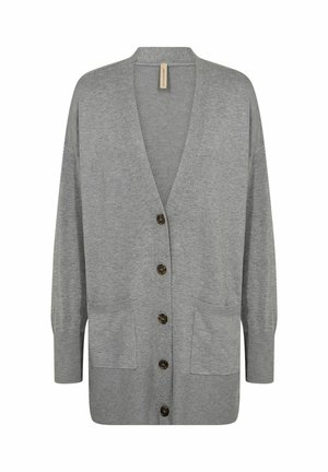 Šedý cardigan s výstřihem do V, dlouhými rukávy, předním zapínáním na hnědé knoflíky a dvěma předními kapsami. Vyroben z měkkého pleteného materiálu.