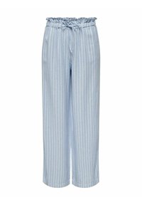 Lichtblauwe, gestreepte, wijde broek met een gegatherde elastische tailleband en een verstelbare trekkoord. Zachte stof met een gladde textuur.