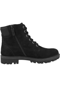 Botas de tobillo de ante negro con un acabado texturizado, que presentan un cierre con cordones en la parte frontal, cremallera lateral y suela de goma resistente con tracción.