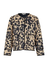 Giacca con stampa leopardata in tessuto beige con macchie nere, colletto rotondo, due tasche frontali e bordi neri.