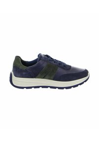 Herren-Sneaker mit einem Obermaterial aus dunkelblauem Leder und Wildleder, grünen Wildlederakzenten und einer weißen Zwischensohle mit einer strukturierten blauen Außensohle.