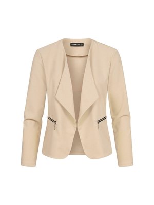 Beige blazer met een sjaalkraag, lange mouwen en twee ritssluitingen. Gladde textuur, een getailleerd ontwerp en zonder sluitingen.