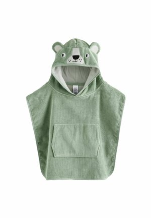 Poncho serviette à capuche pour enfants de couleur verte avec un visage d'ours et des oreilles sur la capuche ainsi qu'une poche avant.