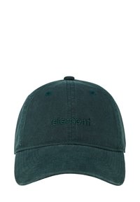 Cappellino da baseball in tessuto verde con logo "element" ricamato in filo coordinato, visiera curva e fori di ventilazione nella parte superiore.