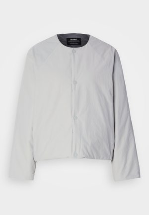 Veste gris clair en matériau lisse, avec un col rond, des manches raglan et des fermetures à pression sur le devant. Design et texture minimalistes.