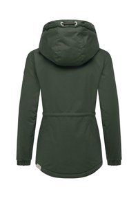 Green padded jacket with a hood, elastic cuffs, drawstring waist, and smooth texture. Features a rounded hem and subtle branding at the side.