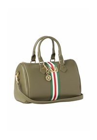 Olivgrüne Lederhandtasche mit doppelten Griffen und einem abnehmbaren Schulterriemen. Mit bunten Streifen in Rot, Weiß und Grün sowie goldenen Beschlägen.