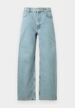 Ανοιχτό μπλε τζιν παντελόνι με ψηλή μέση και φαρδιά μπατζάκια, με πέντε τσέπες, κούμπωμα με κουμπιά και εμφανείς ραφές.