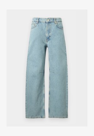 Light blue high-waisted wide-leg jeans with five pockets, button closure, and visible stitching details.