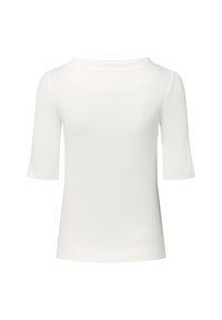 Witte gebreide top met korte mouwen en een brede, afgeronde halslijn, met een aansluitende silhouet, weergegeven tegen een effen witte achtergrond.