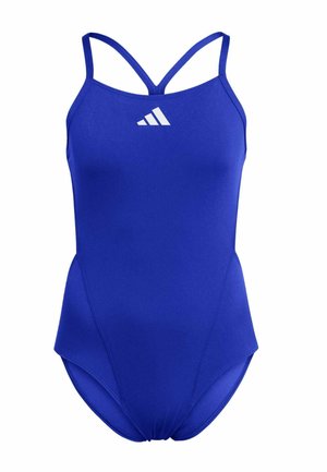 Blauw atletisch badpak met dunne, gekruiste bandjes en een wit logo op de borst. Gemaakt van glad, rekbaar materiaal met een aansluitend ontwerp.