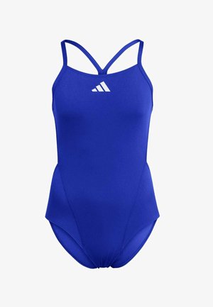 Blauw atletisch badpak met dunne, gekruiste bandjes en een wit logo op de borst. Gemaakt van glad, rekbaar materiaal met een aansluitend ontwerp.