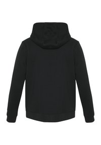 Black hooded sweatshirt, cotton blend, regular fit, ribbed cuffs and hem, features a small logo on the left sleeve. Smooth texture.