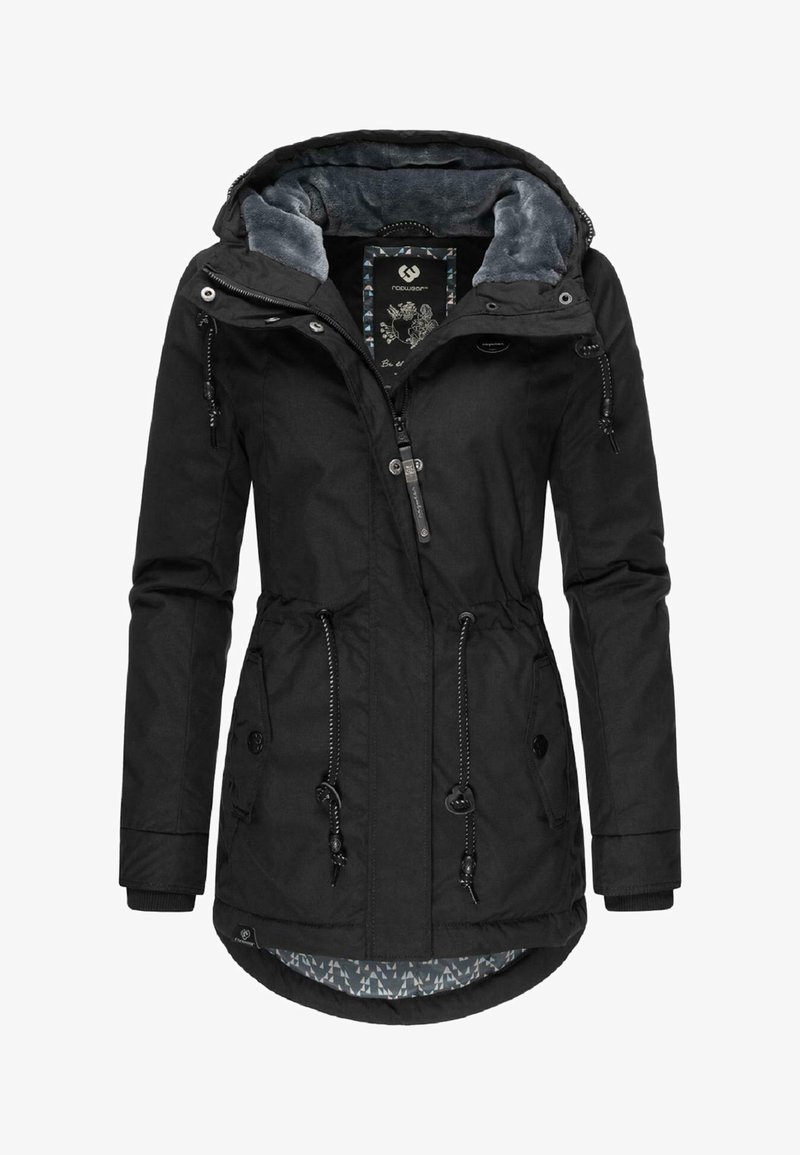 Black parka jacket with a faux fur-lined hood, drawstring waist, and side pockets. Interior features a patterned lining. Zipper and button closures.