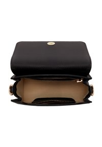 Black leather handbag with a textured finish, gold hardware, a zippered compartment, and a beige interior lining. Open design reveals storage space.