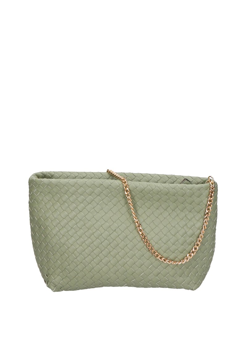 Borsa a rete verde con finitura testurizzata, dotata di una tracolla in catena dorata e un design con apertura superiore. Forma semplice e allungata.