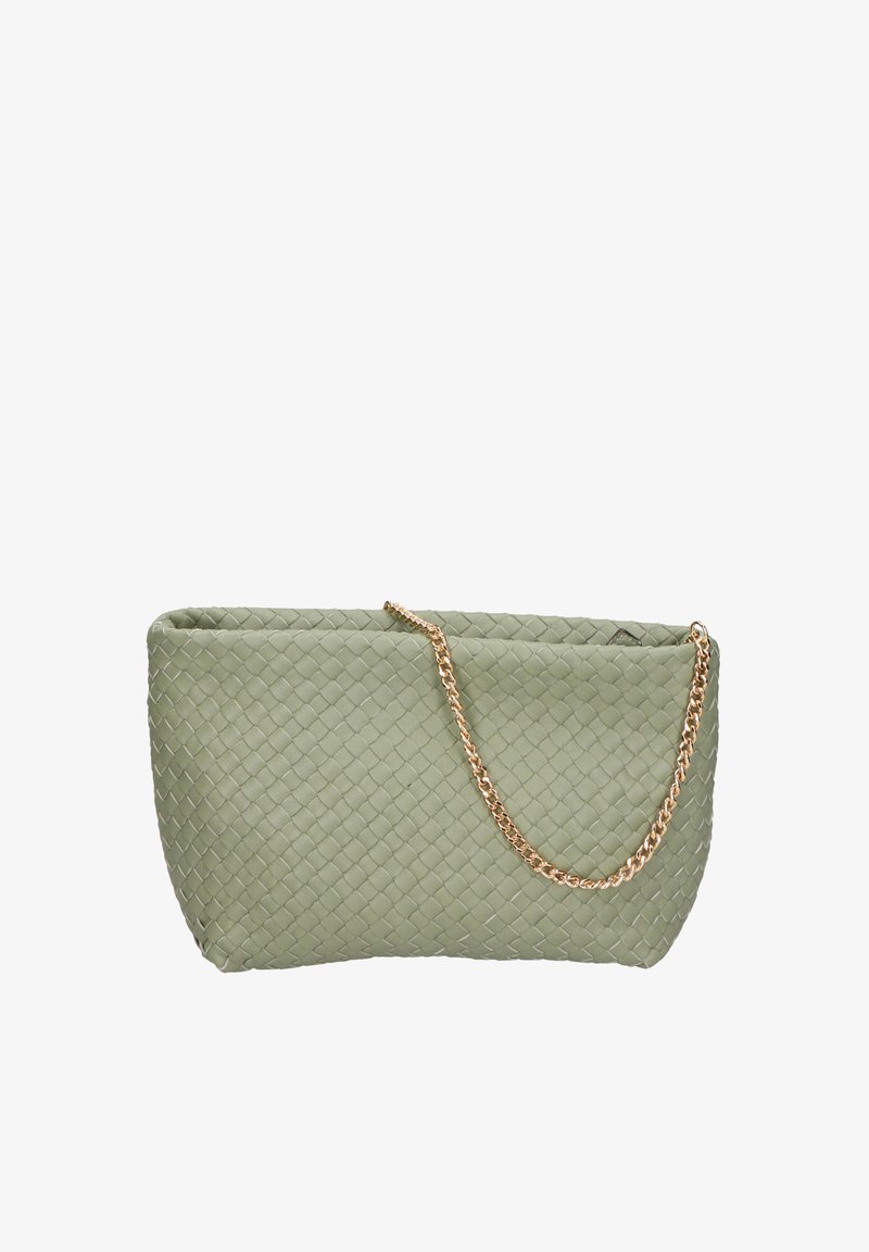 Borsa a rete verde con finitura testurizzata, dotata di una tracolla in catena dorata e un design con apertura superiore. Forma semplice e allungata.