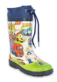 Botte de pluie en caoutchouc avec un thème de construction en cartoon. Présente un haut bleu, des graphiques détaillés de véhicules et de travailleurs, ainsi qu'une semelle texturée et robuste.