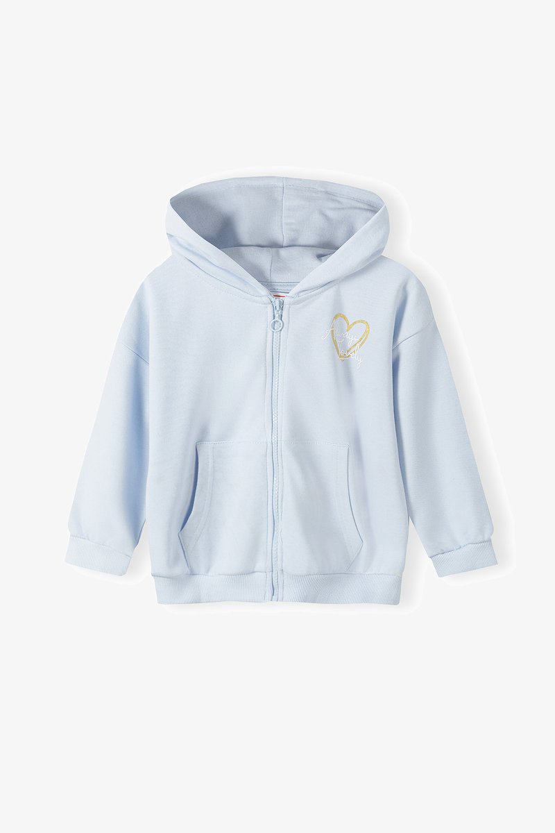 Svetlo modrá mikina na zips s prednou kapsou, elastickými manžetami a dizajnom srdca v zlatej niti na ľavej strane. Vyrobená z mäkkej tkaniny.