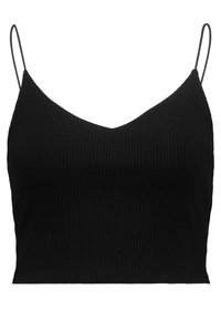 Schwarzes, geripptes Crop-Top mit dünnen verstellbaren Trägern und V-Ausschnitt, aus strukturiertem Stoff und mit taillierter Passform.