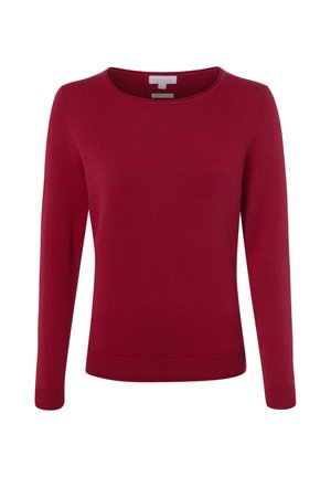 Red long-sleeve knit sweater with a round neckline and ribbed cuffs and hem.