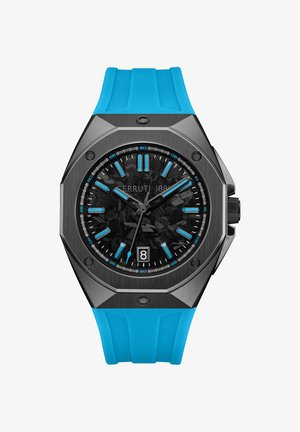 Cerruti 1881 horloge met zwarte, gestructureerde wijzerplaat, blauwe uurmarkeringen, datumaanduiding, achthoekige donkere metalen kast en felblauwe siliconen band.
