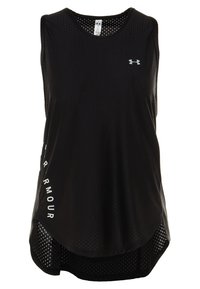Svart ärmlös träningslinne med ett andningsbart meshtyg, med sidofickor och vit "Under Armour"-logotyp på framsidan.