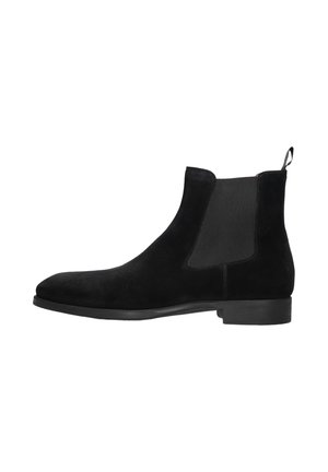 Black suede chelsea boots with elastic side panels, round toe, and flat rubber sole. Features a pull tab at the back for easy wear.