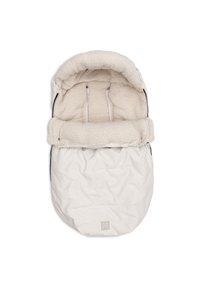 Warme, gevoerde baby slaapzak in licht crème met een fluffy, gestructureerde binnenkant. Heeft een opvouwbare bovenkant en ritszijden voor gemakkelijke toegang.