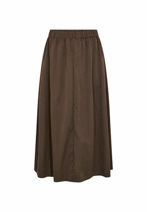 Hnedá midi sukňa s elastickým pásom, voľným strihom a jemným detailom predného švu.