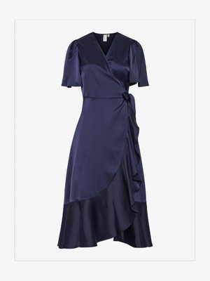 Navy satin wrap dress with short puff sleeves, ruffled hem, and a self-tie belt at the waist. Smooth texture with a flowing silhouette.