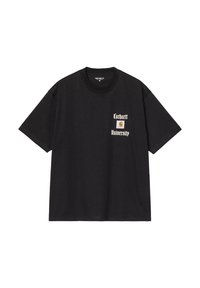 Camiseta de algodón negra con un corte relajado. Presenta un destacado texto gráfico en blanco que dice "Carhartt University" y el logo en el lado izquierdo del pecho.
