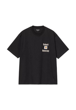 Camiseta de algodón negra con un corte relajado. Presenta un destacado texto gráfico en blanco que dice "Carhartt University" y el logo en el lado izquierdo del pecho.