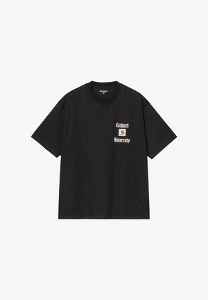 Czarna bawełniana koszulka z luźnym krojem. Na lewej piersi znajduje się wyraźny biały napis "Carhartt University" oraz logo.