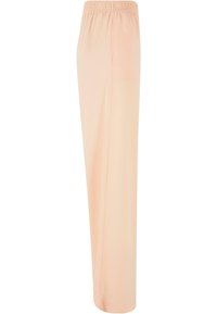 Pantalon droit beige pour femme avec taille élastique et tissu lisse, présenté de face sur un fond blanc.