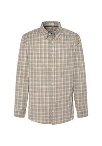 Camicia a quadri verde con maniche lunghe, colletto button-down e chiusura frontale con bottoni. Presenta dettagli color crema e ruggine nel design a quadri.
