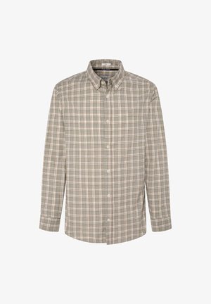 Zelena karirana košulja s dugim rukavima, ovratom na dugmad i prednjim zatvaranjem na dugmad. Sadrži kremaste i hrđe nijanse u kariranom dizajnu.