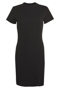 Schwarzes geripptes Kleid mit hohem Kragen, kurzen Ärmeln und einer figurbetonten Passform, das bis zur Oberschenkelmitte reicht. Hergestellt aus einem weichen, dehnbaren Stoff.