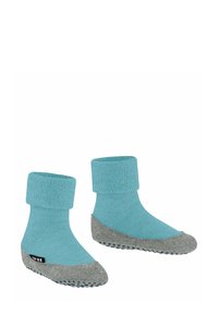 Turquoise en grijze sokken met een geribbelde boord, met een gestructureerde grijze zool en gestipte rubberen grip voor traction.