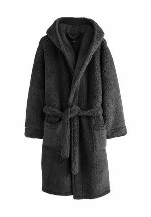 Robe de bain à capuche gris foncé et moelleux, avec une ceinture, deux poches à l'avant et une texture douce. Design mi-long adapté pour un confort optimal.