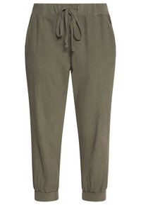 Pantalon de jogging vert olive en tissu léger, doté d'une taille élastique avec lien, de poches latérales et de poignets élastiques aux chevilles.