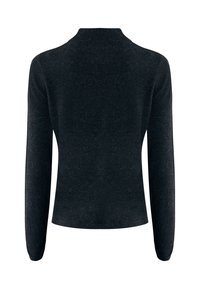 Černý svetr s dlouhým rukávem a vysokým límcem. Vyrobený z měkké tkaniny, s hladkou strukturou a přiléhavým střihem.