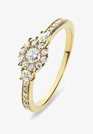 Yellow gold ring with a central round diamond surrounded by a halo of smaller diamonds and additional diamonds along the band.