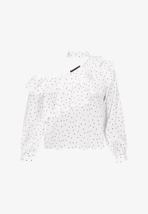 Bluză albă cu buline negre, având volane pe un umăr, mâneci lungi tip balon și un design cu guler înalt. Material ușor.